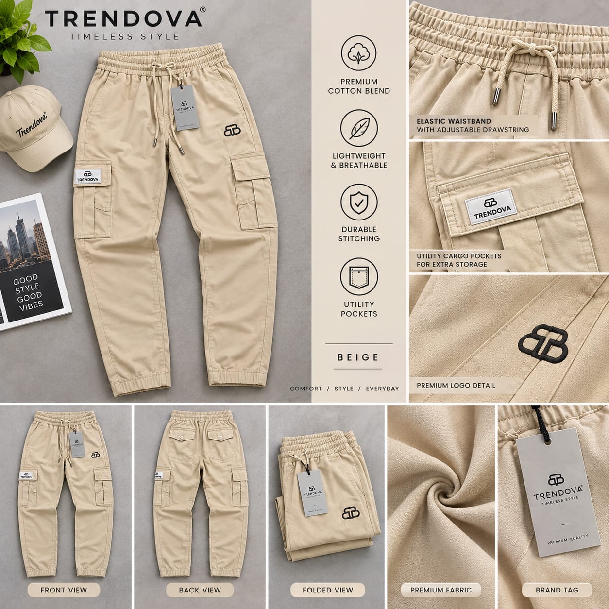Men's Premium Cotton-Blend Straight-Leg Cargo Pants