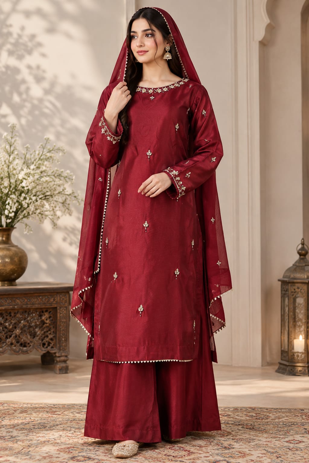 Trendova Women’s Maroon Embroidered 3-Piece Suit with Matching Dupatta