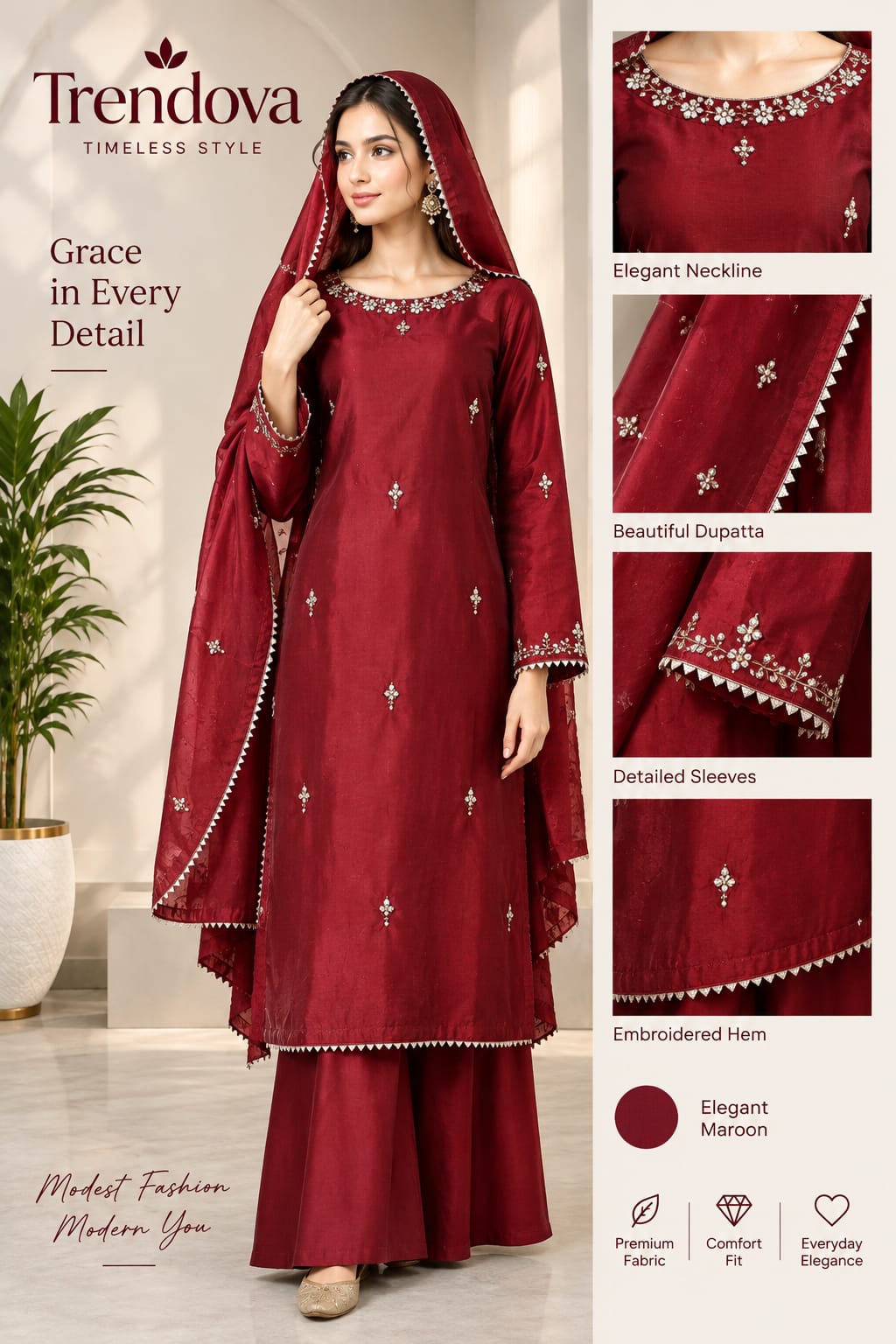 Trendova Women’s Maroon Embroidered 3-Piece Suit with Matching Dupatta