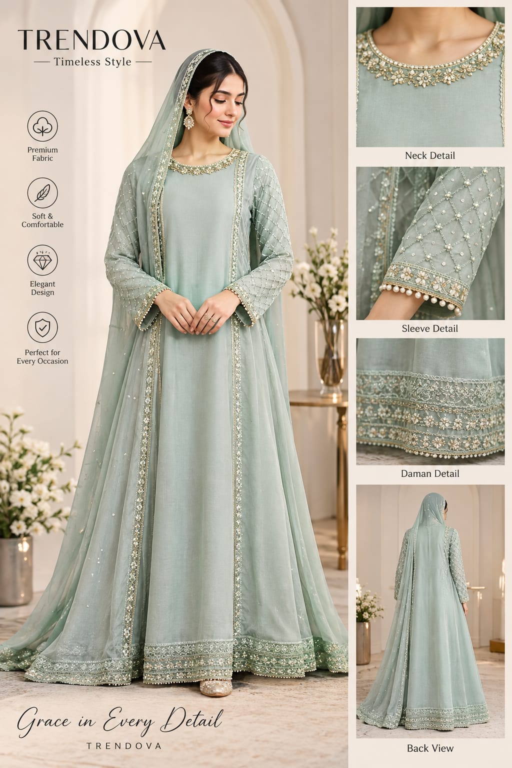 Trendova Women’s Mint Green Embroidered 3-Piece Suit with Matching Dupatta