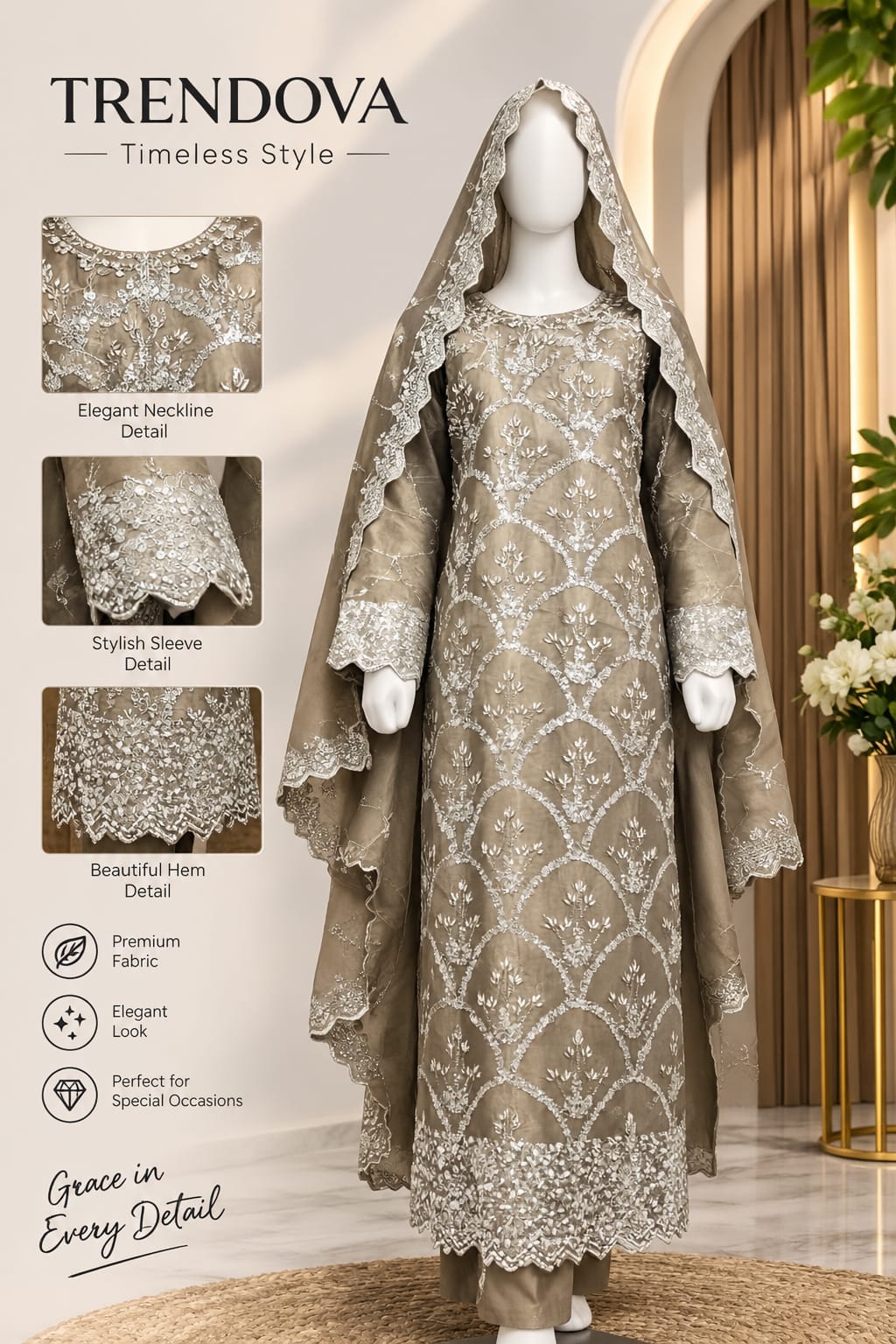 Trendova Women's Taupe Embroidered 3-Piece Suit with Dupatta