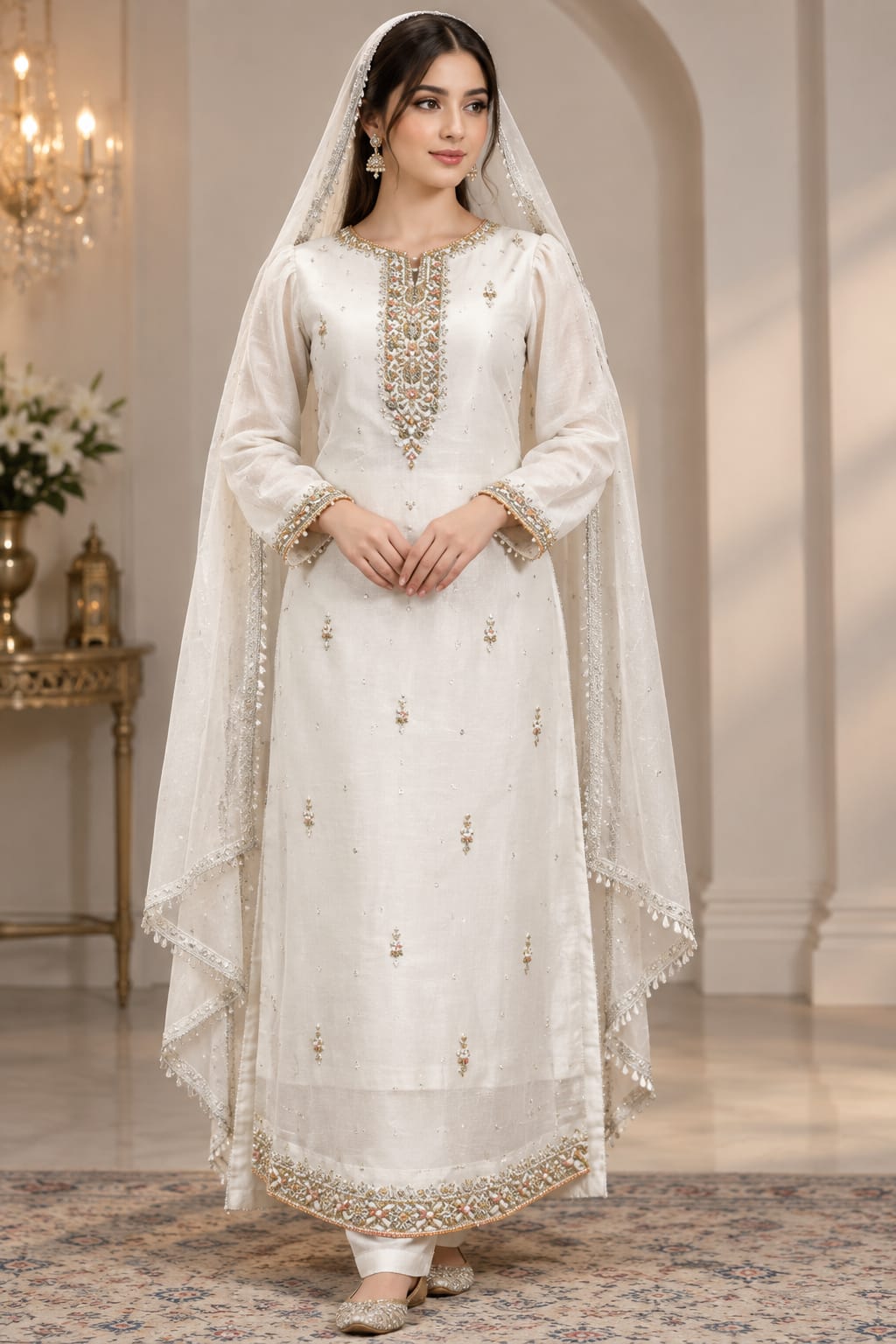 Trendova Women's Ivory Embroidered 3-Piece Suit with Dupatta