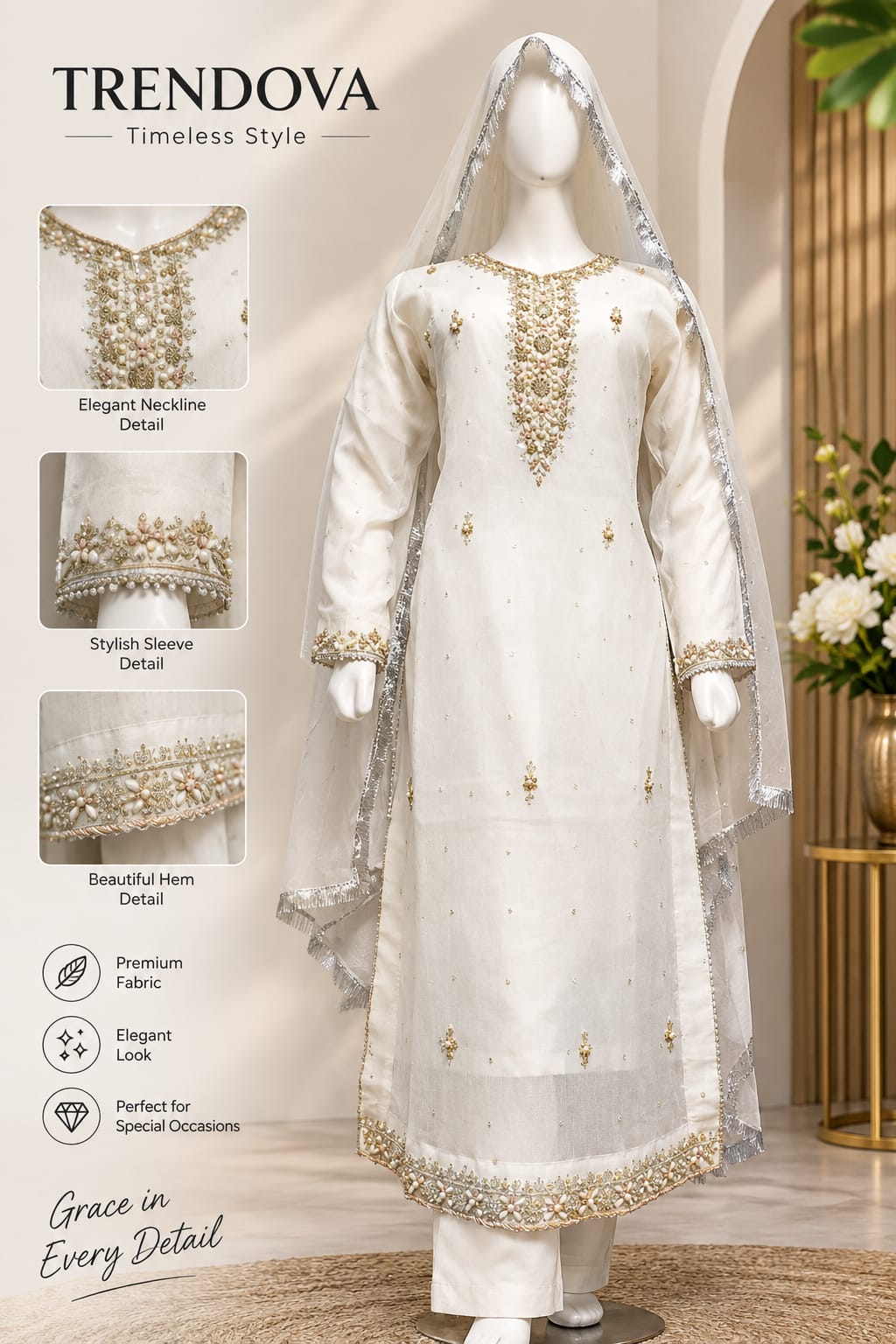 Trendova Women's Ivory Embroidered 3-Piece Suit with Dupatta