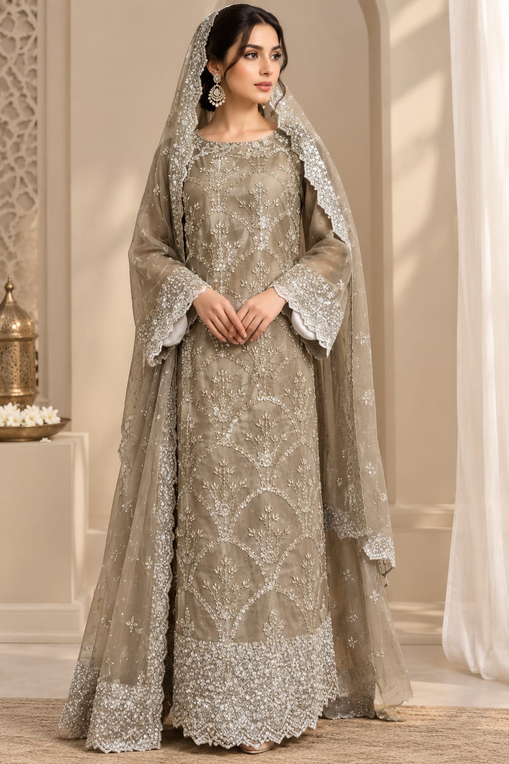 Trendova Women's Taupe Embroidered 3-Piece Suit with Dupatta