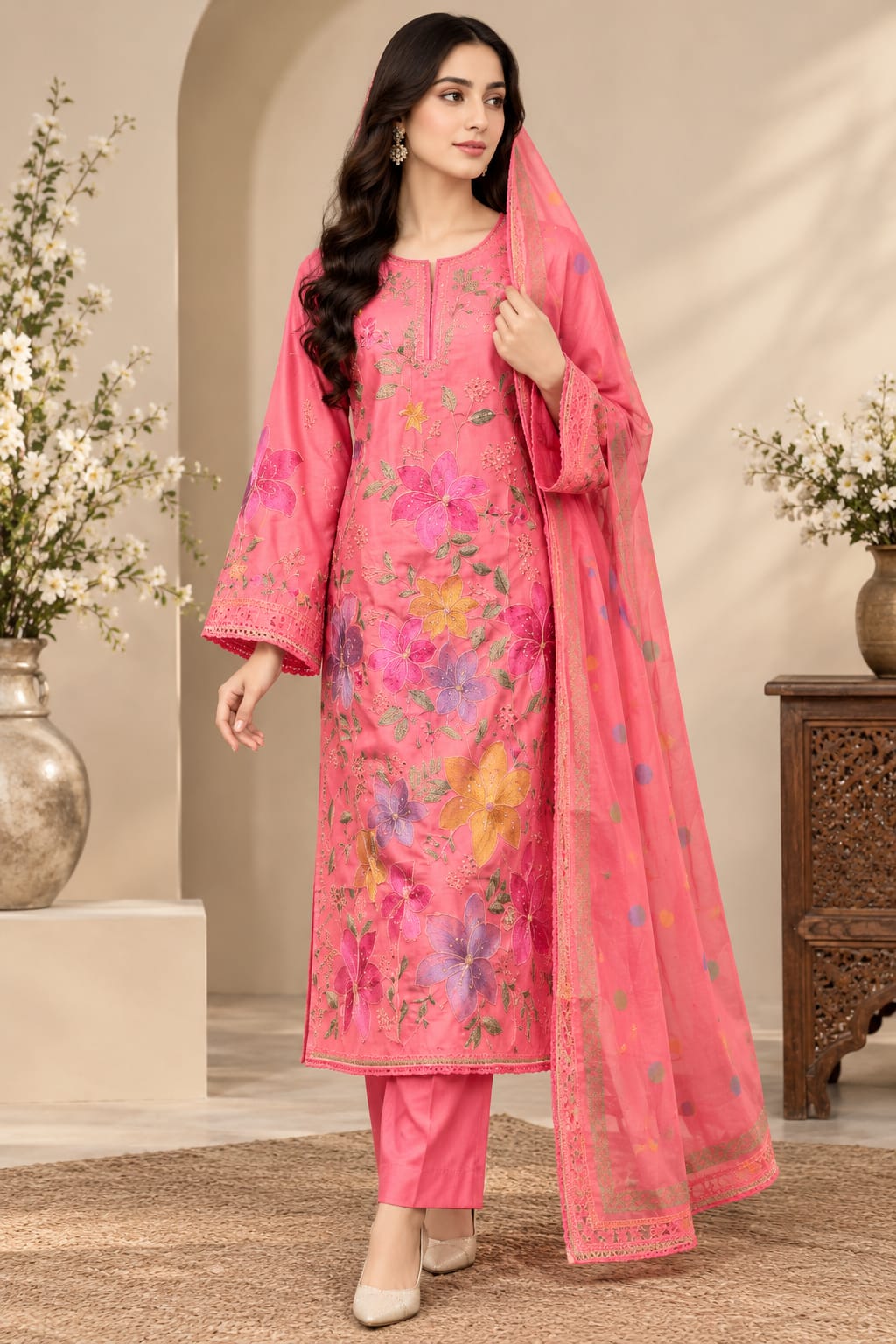 Trendova Pink Floral Embroidered Lawn 3-Piece Suit with Printed Dupatta