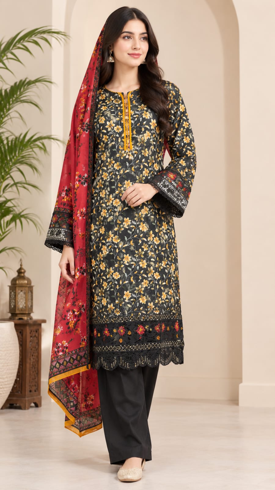 Women's Black Floral Printed 2-Piece Kurta Set with Embroidered Lace Sleeves