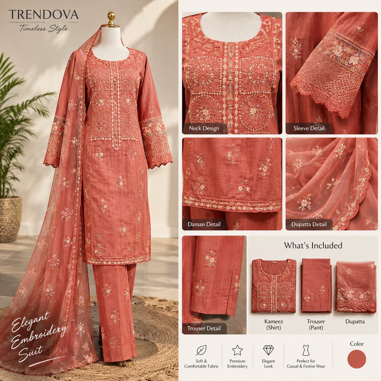 Women's Dusty Rose Embroidered Shalwar Kameez – 3 Piece Pakistani Lawn Suit, Eid & Party Wear