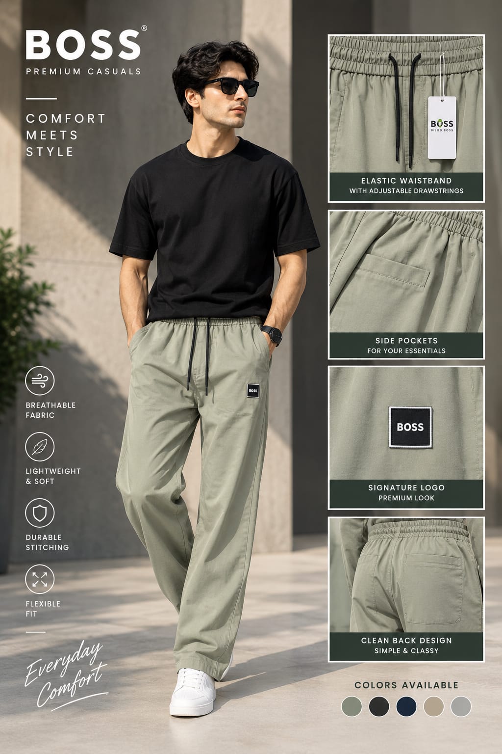Men's Olive Green Cotton Joggers – Relaxed Fit Drawstring Sweatpants with Side Pockets