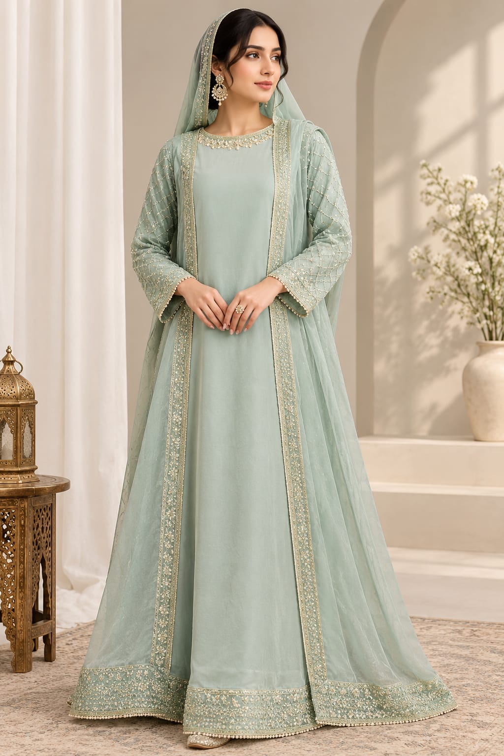 Trendova Women’s Mint Green Embroidered 3-Piece Suit with Matching Dupatta
