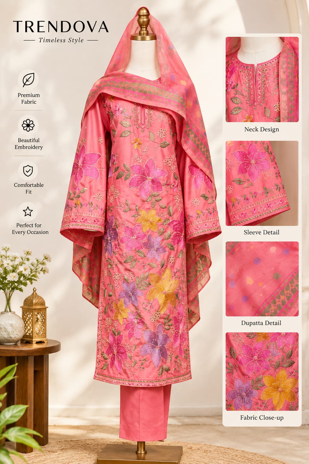 Trendova Pink Floral Embroidered Lawn 3-Piece Suit with Printed Dupatta