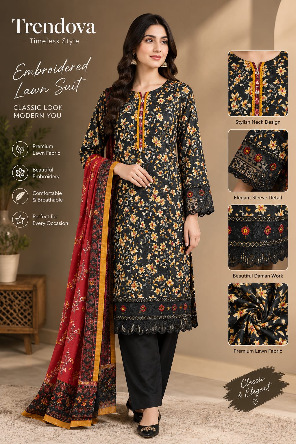 Women's Black Floral Printed 2-Piece Kurta Set with Embroidered Lace Sleeves