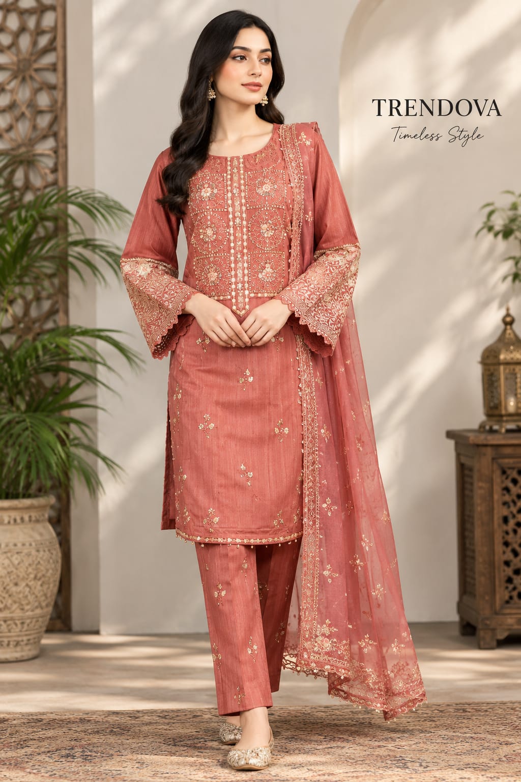 Women's Dusty Rose Embroidered Shalwar Kameez – 3 Piece Pakistani Lawn Suit, Eid & Party Wear