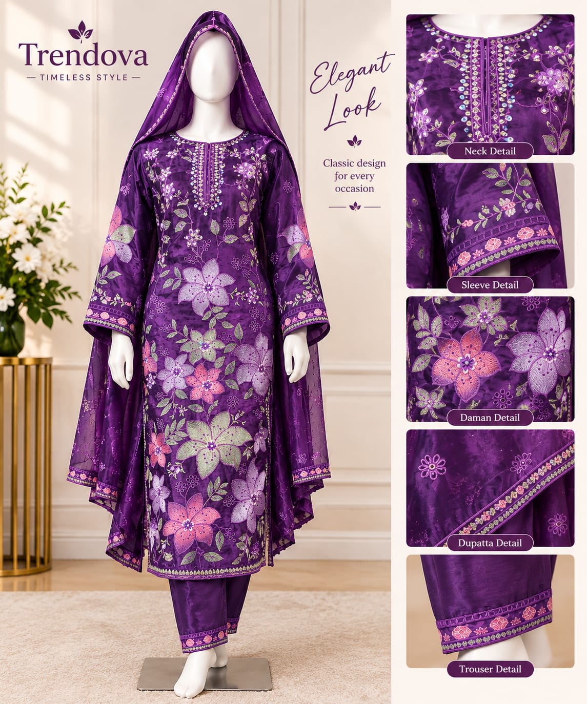 Purple floral embroidered organza 3-piece suit with matching dupatta and trouser