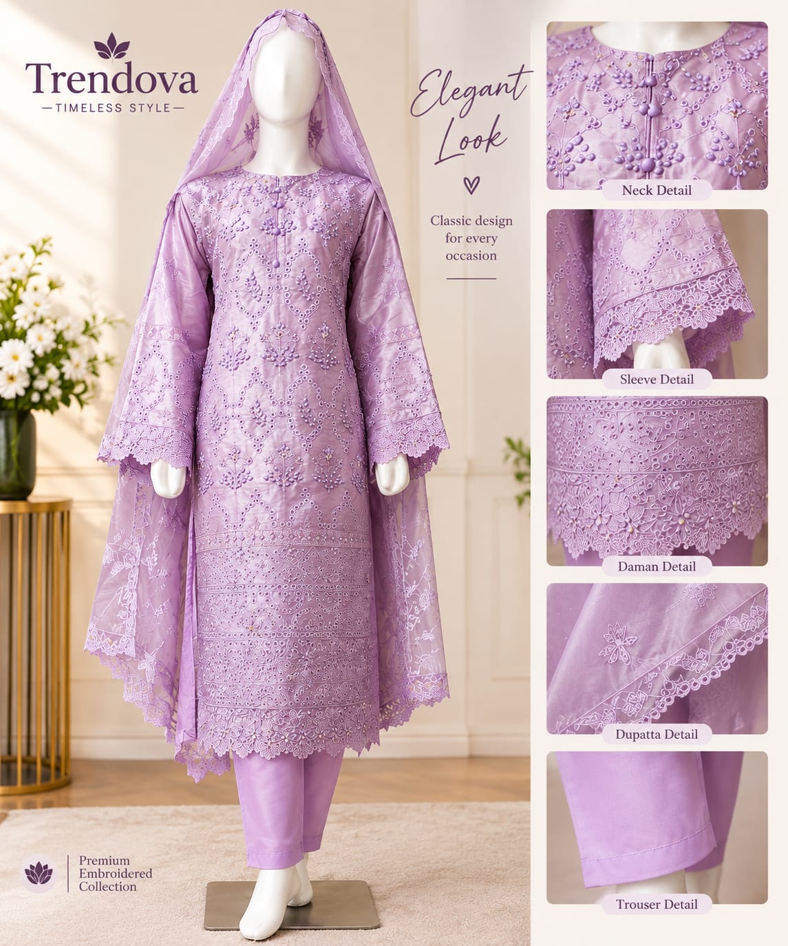 Model wearing lavender silk chikankari embroidered 3-piece suit with neck, sleeve and daman details