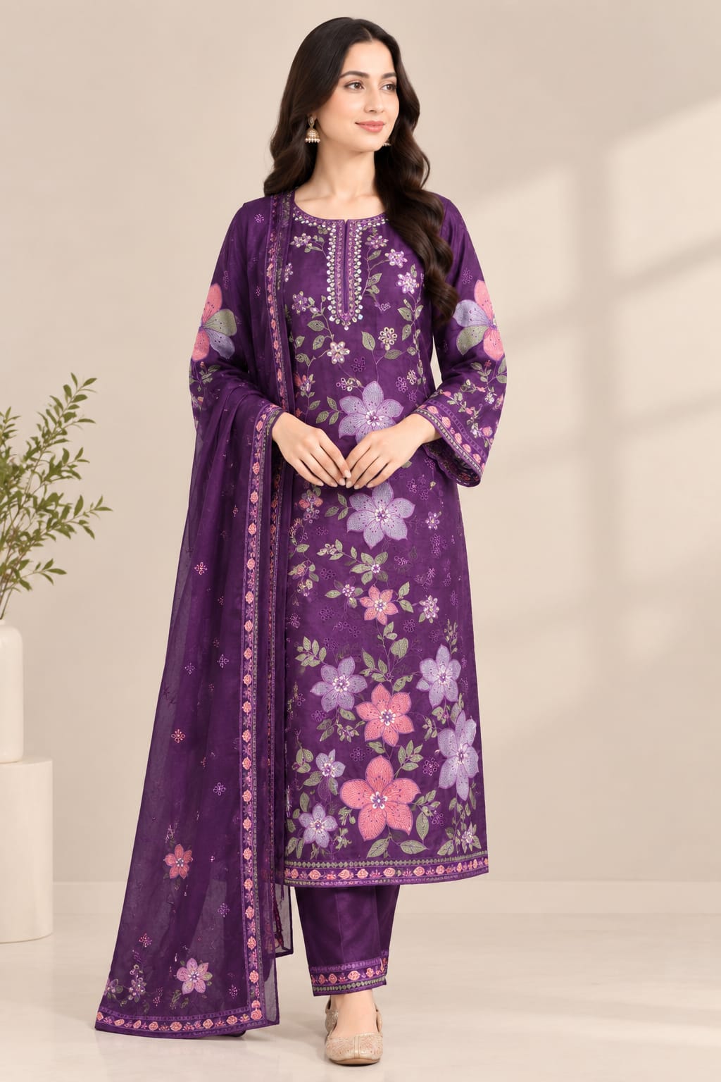 Purple floral embroidered organza 3-piece suit with matching dupatta and trouser