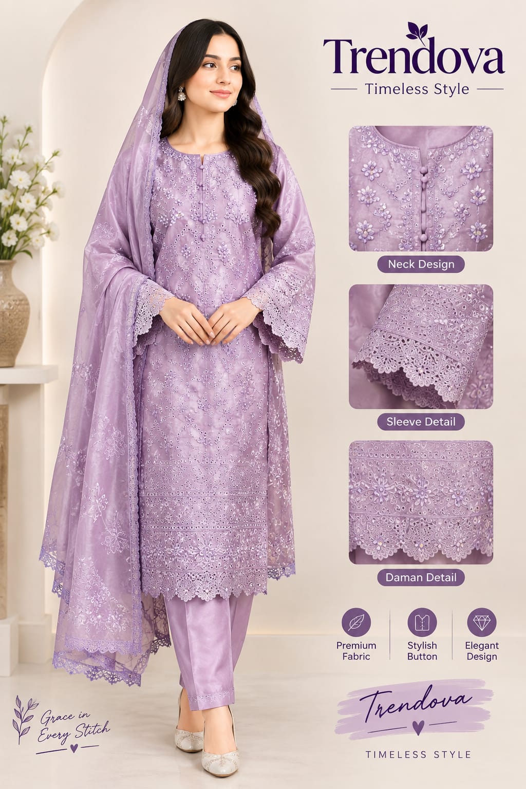 Model wearing lavender silk chikankari embroidered 3-piece suit with neck, sleeve and daman details