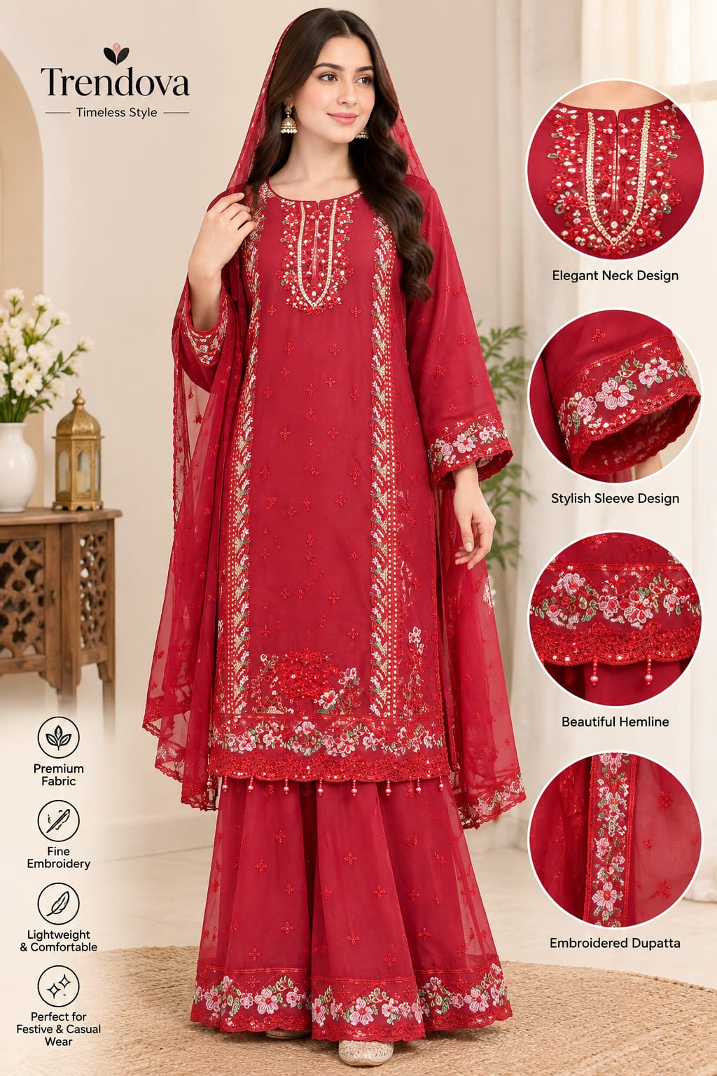 Model wearing a red embroidered 3-piece sharara suit with net dupatta