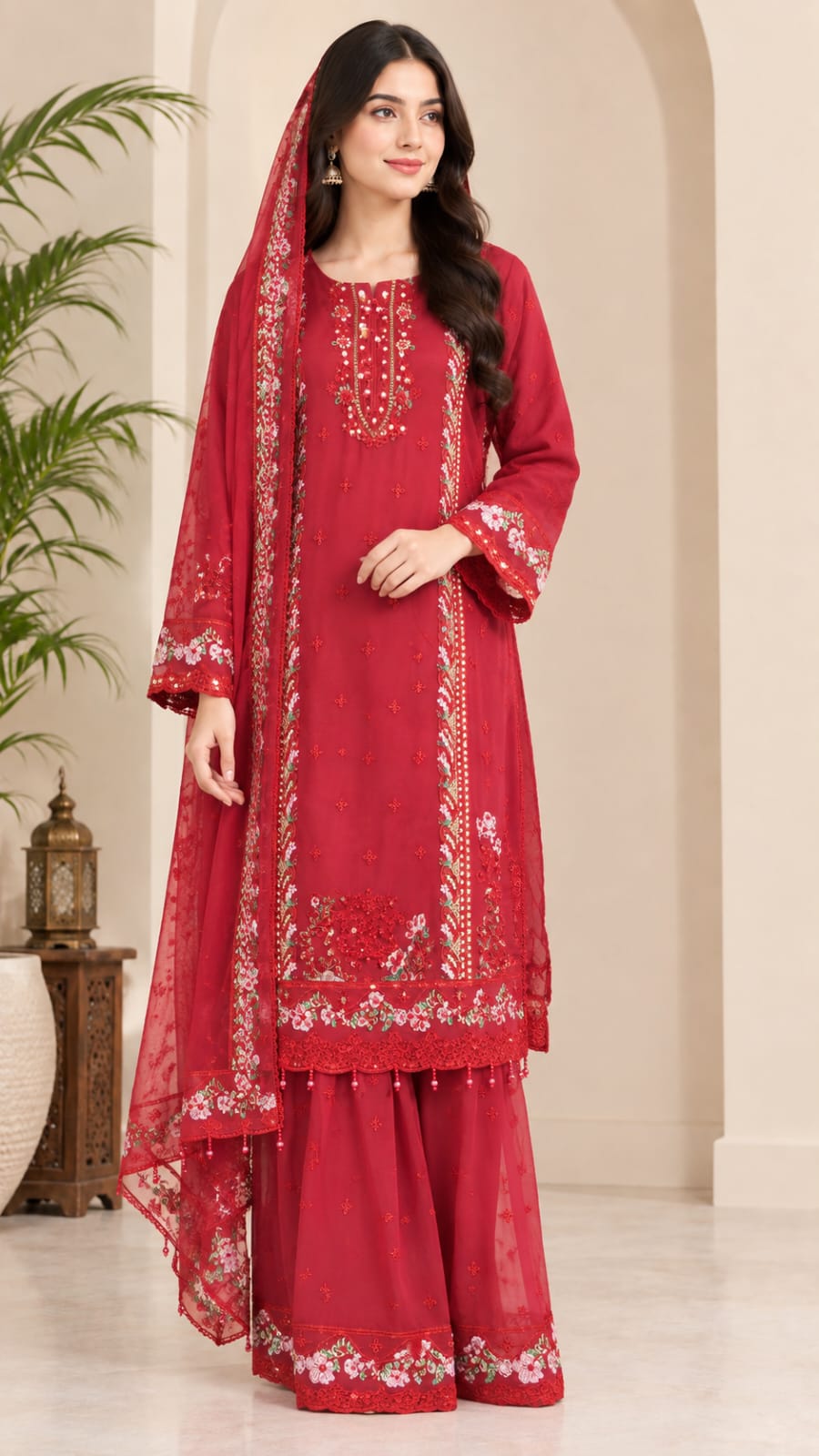 Model wearing a red embroidered 3-piece sharara suit with net dupatta