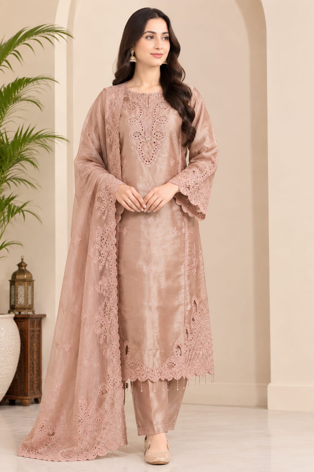 dusty rose schiffli embroidered 3 piece suit front view