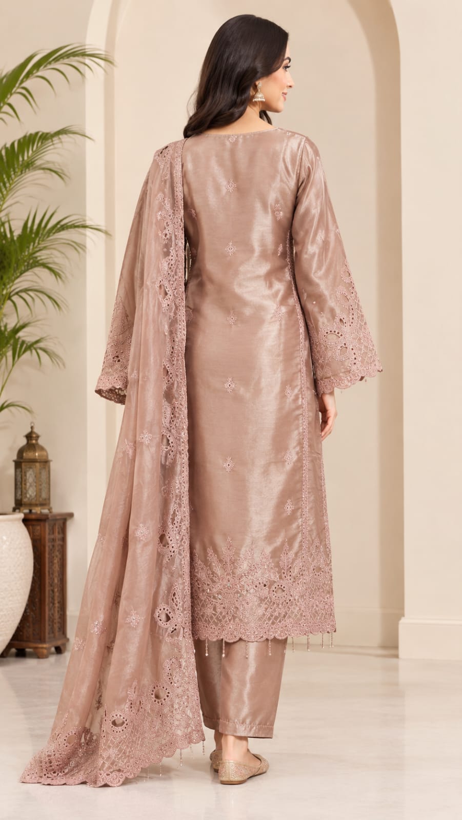 dusty rose schiffli embroidered 3 piece suit front view